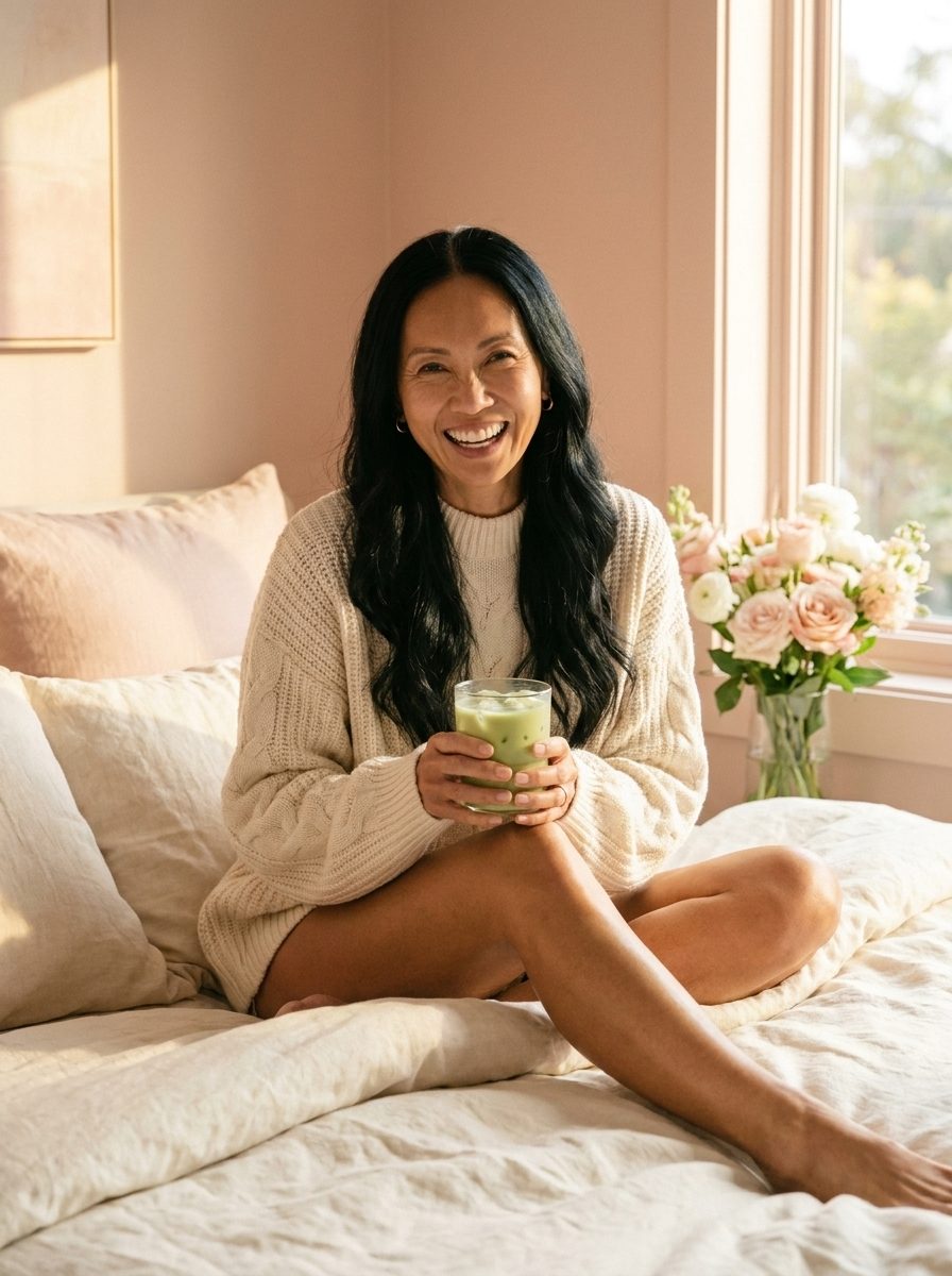 Mia with an iced matcha in bed