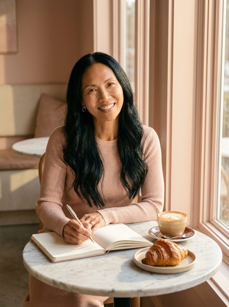 Mia journaling at a café