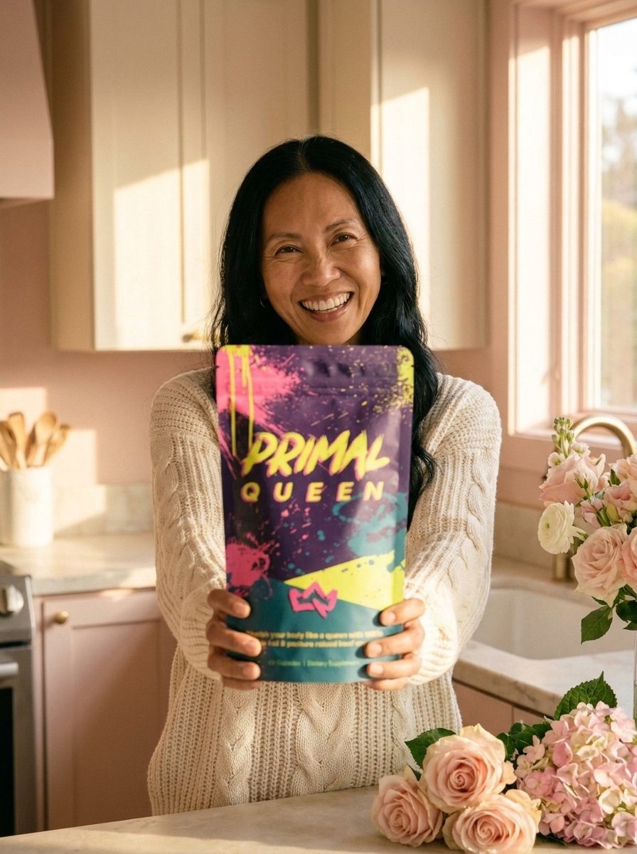 Mia holding a bag of Primal Queen